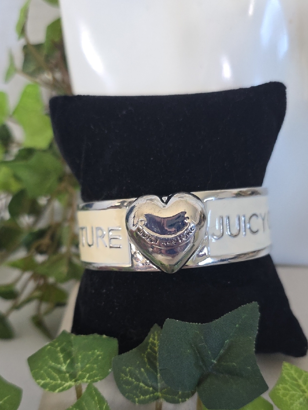 Silver with Ivory Enamel Clamper Hinge Bangle Bracelet Juicy Couture